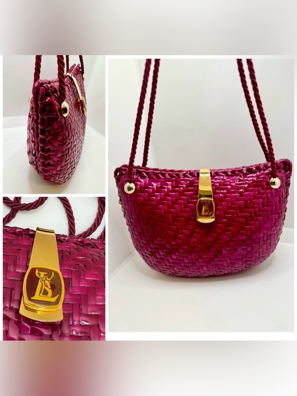 LIZ PARIS 90s fuchsia woven-lacquered rattan multi-way crossbody‎ evening clutch